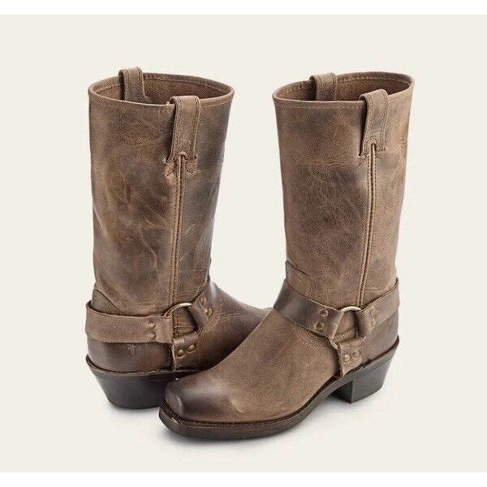 Frye Women’s Harness 12R Smoke Brown Leather Square Toe Mid Calf Moto Boots 6